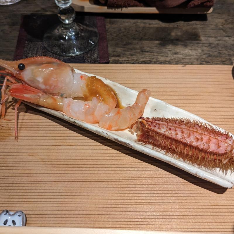 ボタン海老、ボタン海老日本酒漬け、毛ガニ日本酒漬け(松陰鶴水)