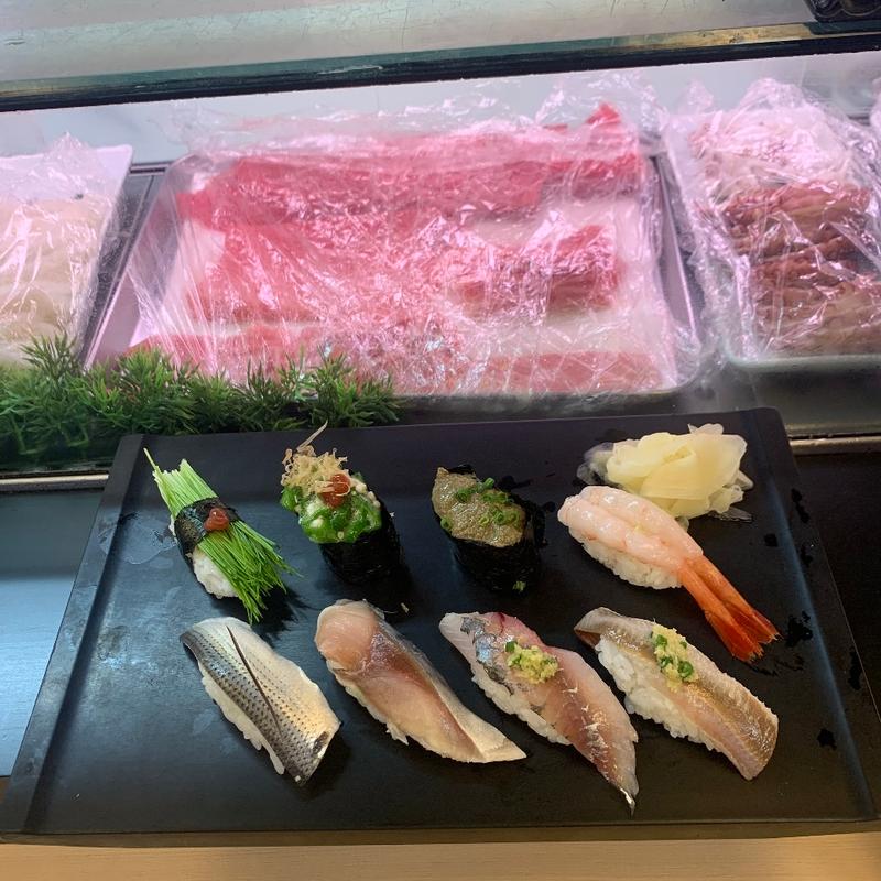 にぎり（オクラ・いわし・あじ・芽ねぎ・かにみそ・甘えび・こはだ・〆さば）(すしざんまい 川崎店)