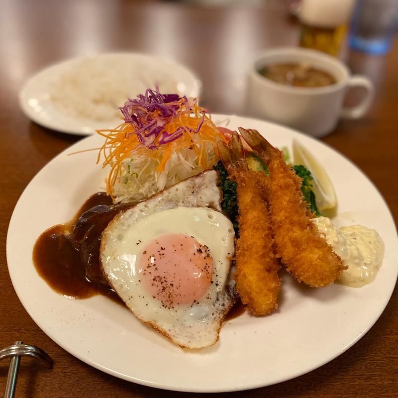 ハンバーグとエビフライ(ライスセット)(キッチン三喜屋)