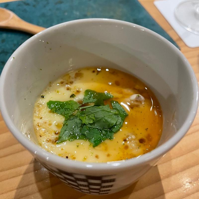 ふぐの白子とゴールドラッシュの茶碗蒸し(くら竹)