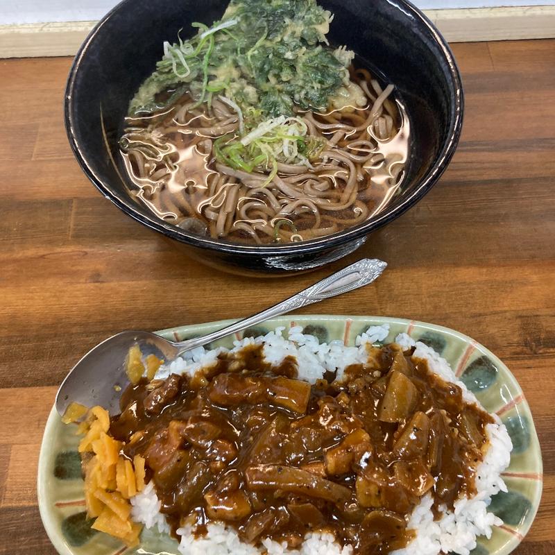 かけそば+春菊天+カレー（小）+おにぎり（しゃけ）(田)