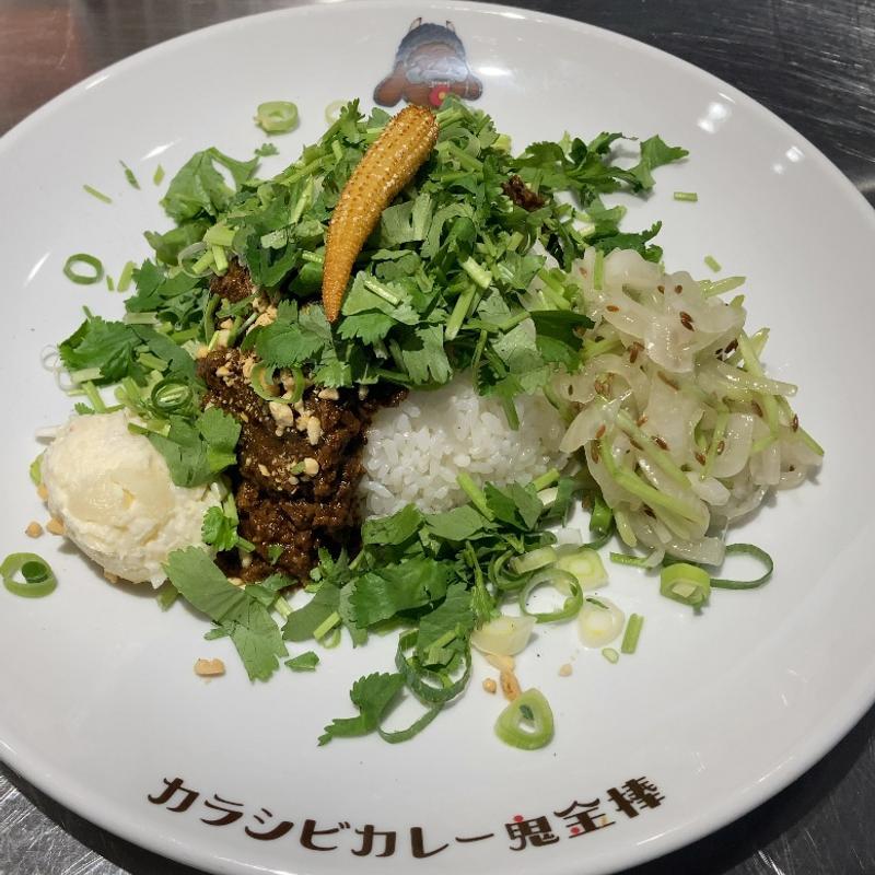 カラシビキーマカレー大盛りとパクチーと玉ねぎアチャール(カラシビカレー 鬼金棒)