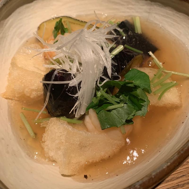揚げ出し餅と茄子の海老あんかけ(ごはんや一芯 代官山)