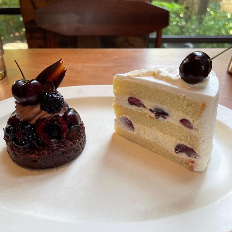 アメリカンチェリーのショートケーキとアメリカンチェリーと黒いベリーのタルト(cinq)