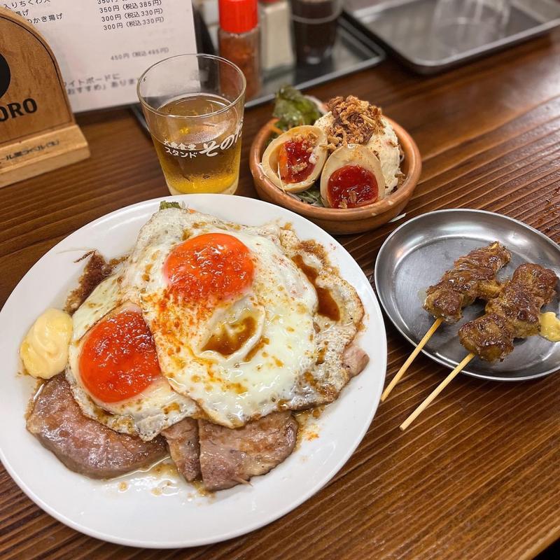 チャーシューエッグ アンチョビ煮玉子ポテトサラダ(大衆食堂スタンドそのだ五反田店)