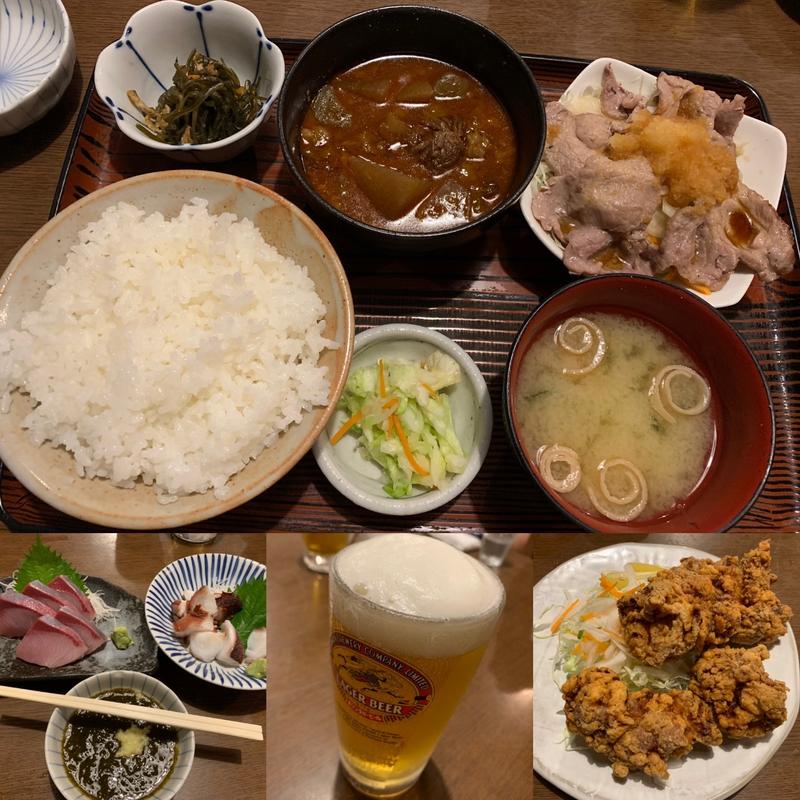 日替わりサービス定食と唐揚げ、お造り単品ほか(味安)