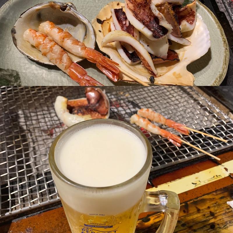 焼き海老串&いか一夜干し開き(炉ばた煉瓦 （ろばたれんが）)