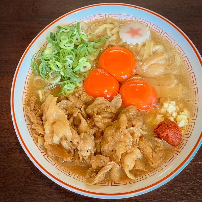 元祖！肉玉そば+焼肉 辛玉 卵黄トッピング(元祖 肉玉そば越智)