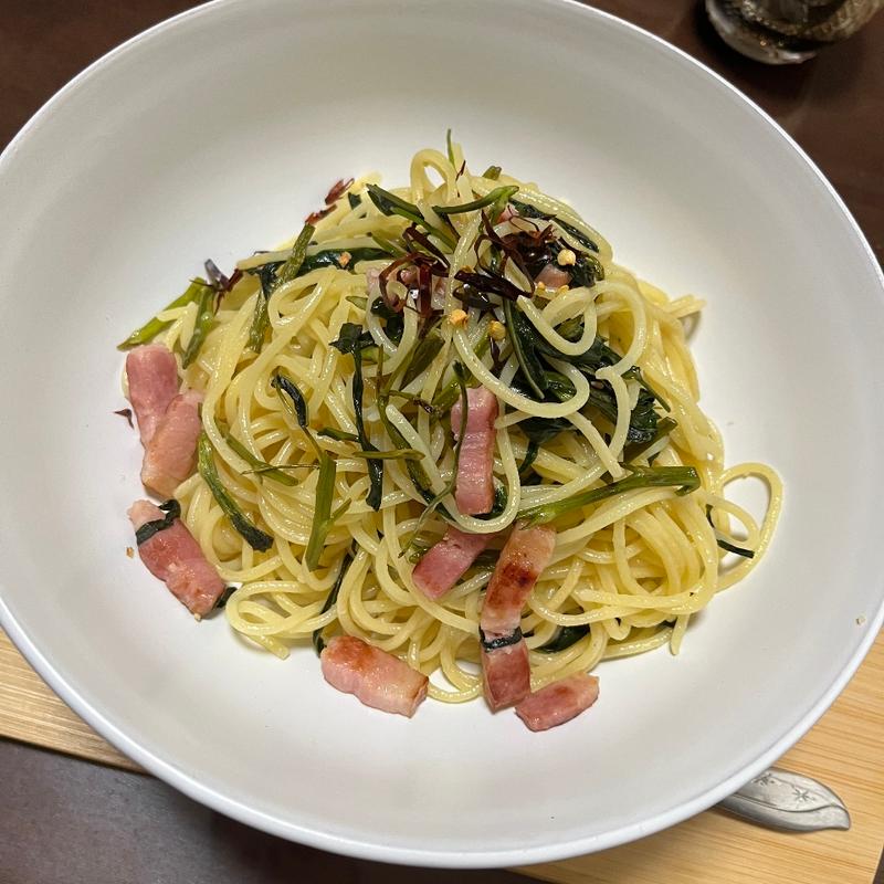 空芯菜とベーコンのパスタ(創作料理　我家)