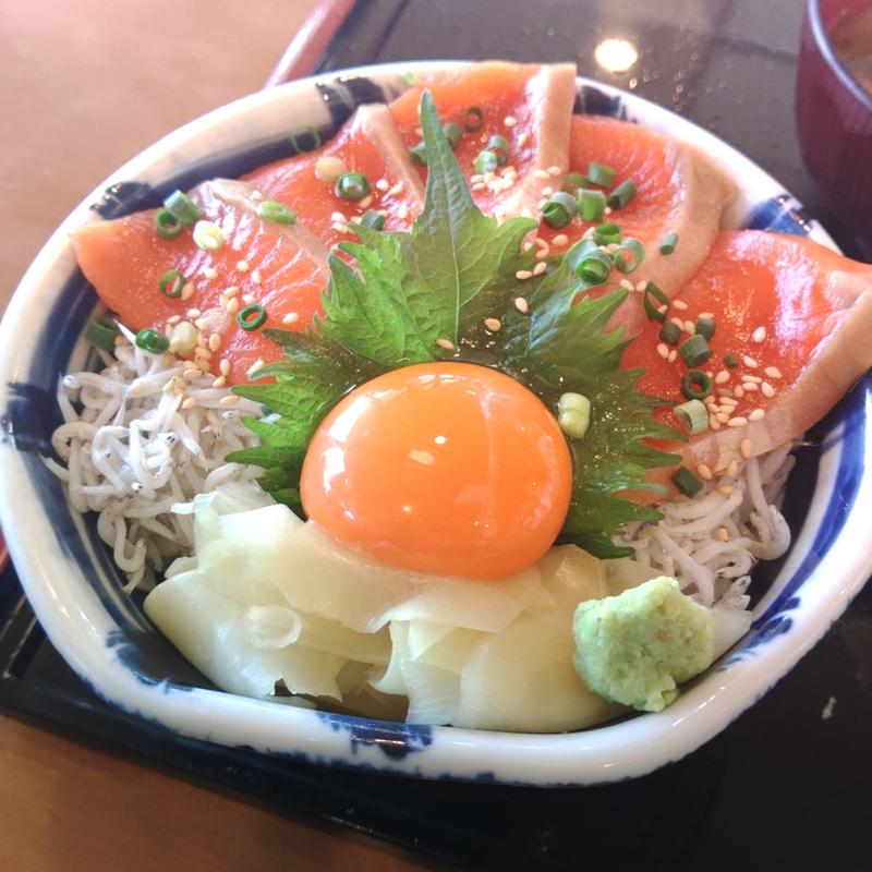 しらすとづけサーモン かわまちづけ丼(閖上浜のまかない処 浜や食堂)