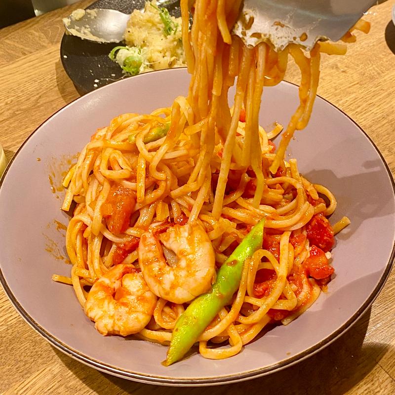 海老とアスパラのアラビアータ(TOKYO MEAT酒場 練馬店)