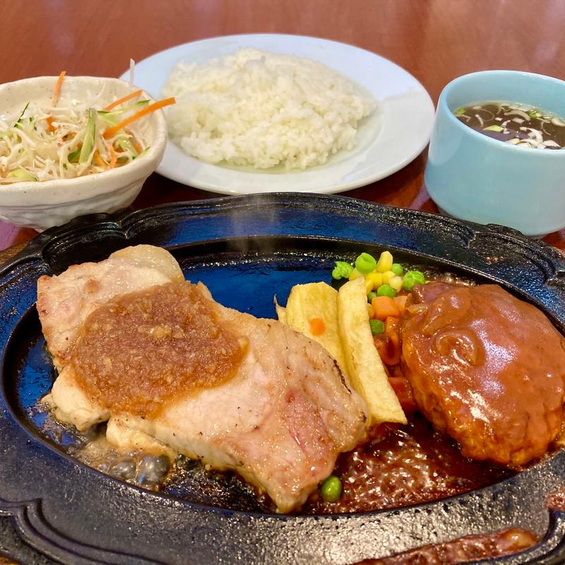 ポークソテー&ハンバーグ ライス,スープ,サラダ,コーヒー付き(大原レストラン )