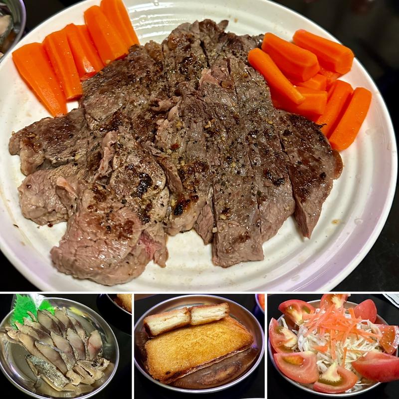 ステーキ、ハトシ、炙りしめ鯖、サラダ(ベルクス 東墨田店)