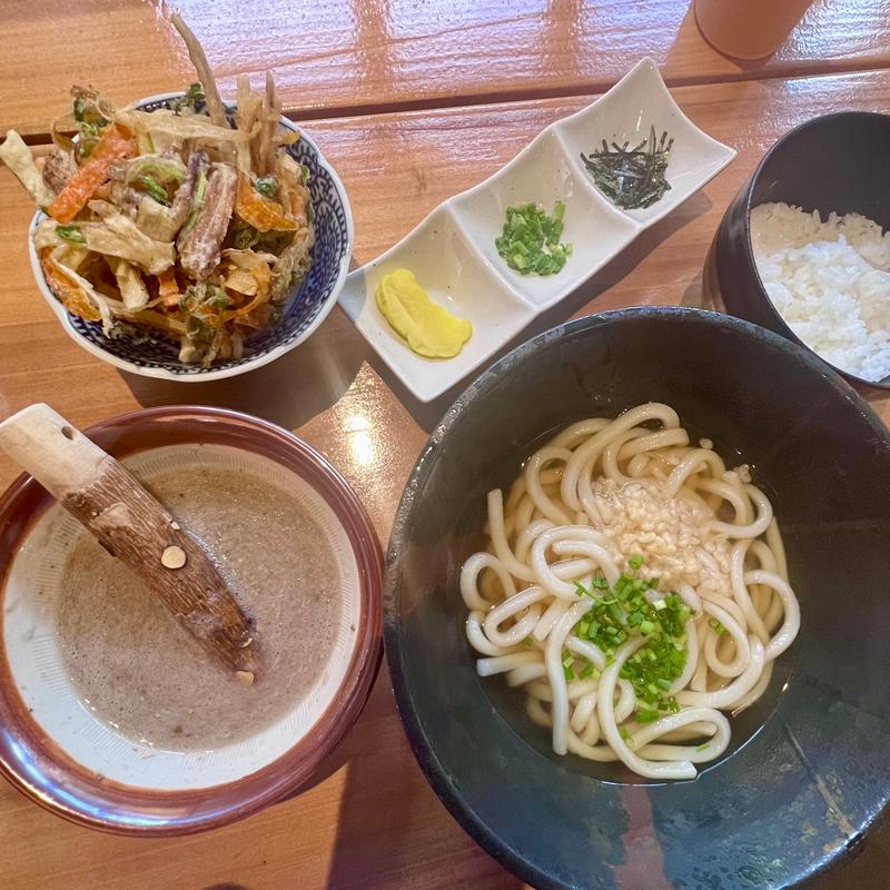 自然薯とむかごのかけ揚げとろろうどん(自然薯専門店はなたかめん)