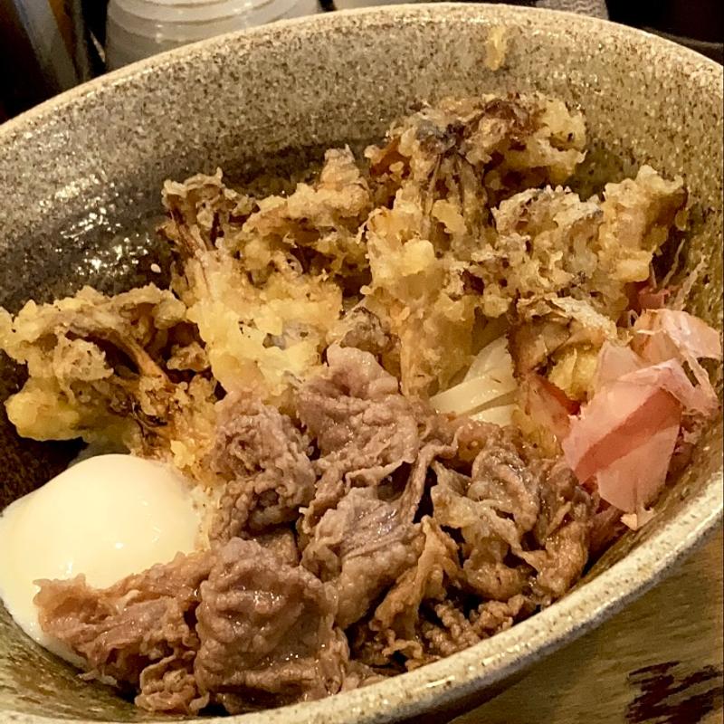 肉まいたけ天温玉ぶっかけ(踊るうどん 滝井本店)