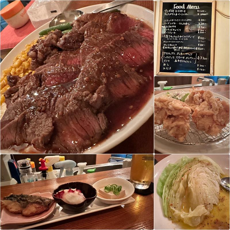 アンガス牛ステーキ、トリカラ、アンチョビキャベツ、お通し(BAR ZEN)