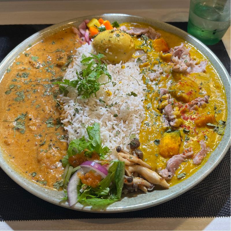 チキンカレーと今月のカレー（パンプキン🎃）のあいがけ大盛り玉子トッピング(すぱいすにきいてみた＠plants)