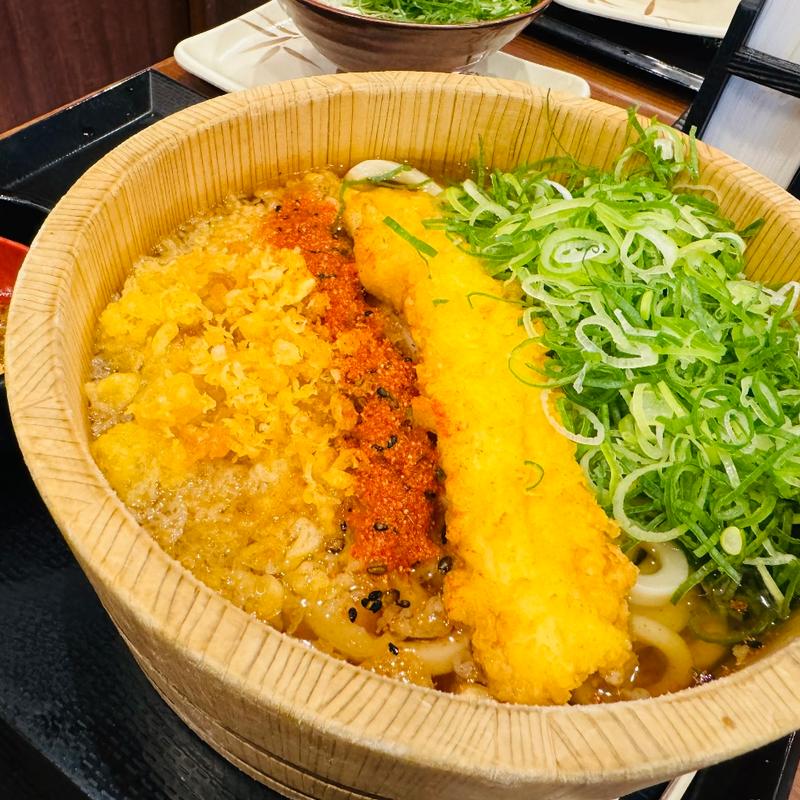 釜揚げうどん大盛りお湯無し＋出汁＋イカ天(丸亀製麺羽生)