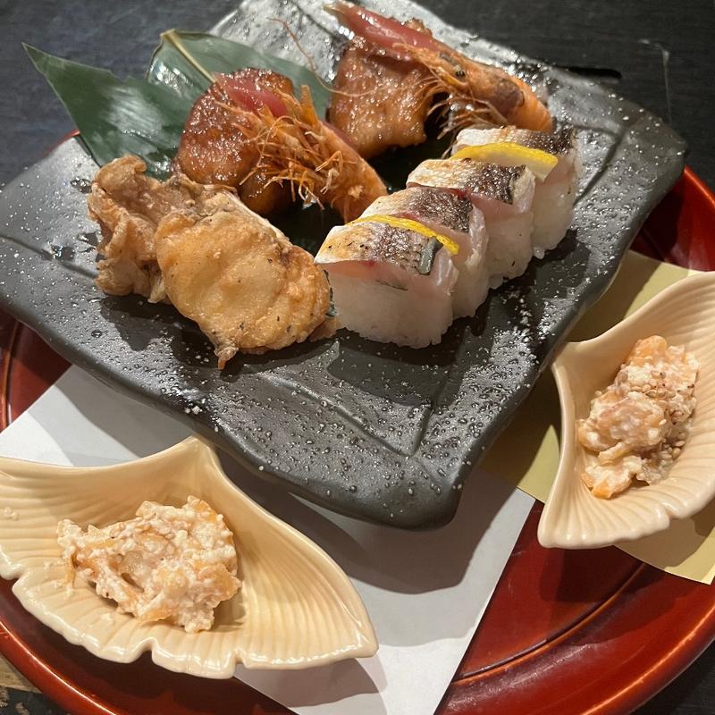 あん肝と合鴨の桑焼き　あしらい(多満喜)