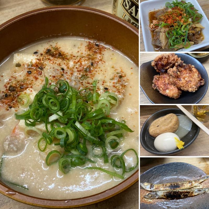 おでん、ししゃも、鶏唐揚、具たくさん粕汁、牛すじ煮込み、生中、赤星中瓶。(立呑み じえん)