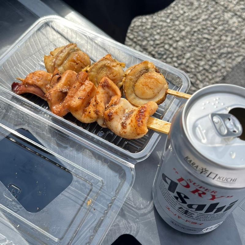 いか半身焼き&ホタテ串焼き(那珂湊お魚センター)