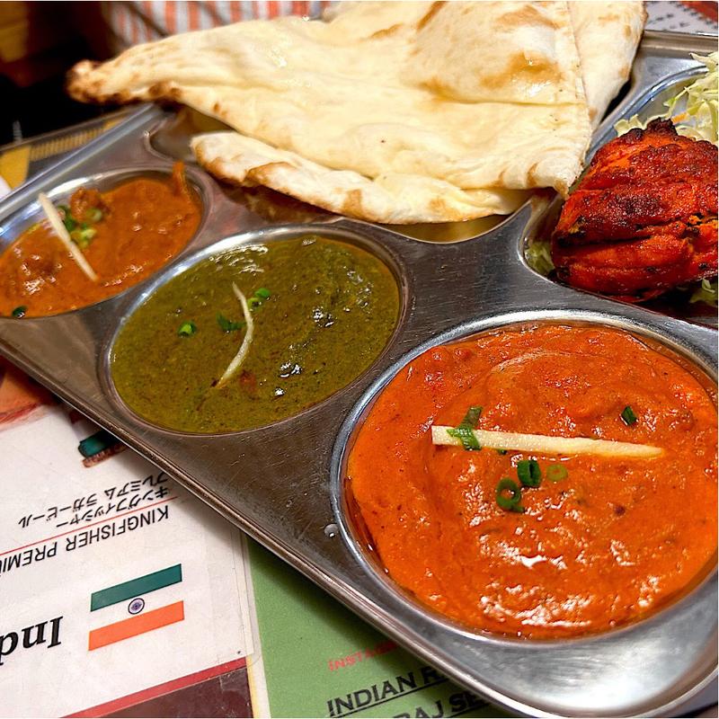 バターチキンカレー＆マッシュルームほうれん草カレー、マトンカレー(インディアンレストラン RAJ 仙台店)