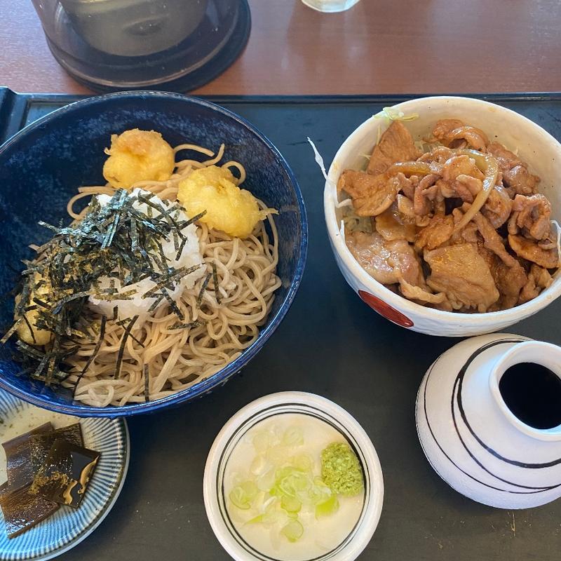 小海老天ぷらそばと生姜焼き丼(そば清 （石臼挽き 挽きぐるみ そばせい）)