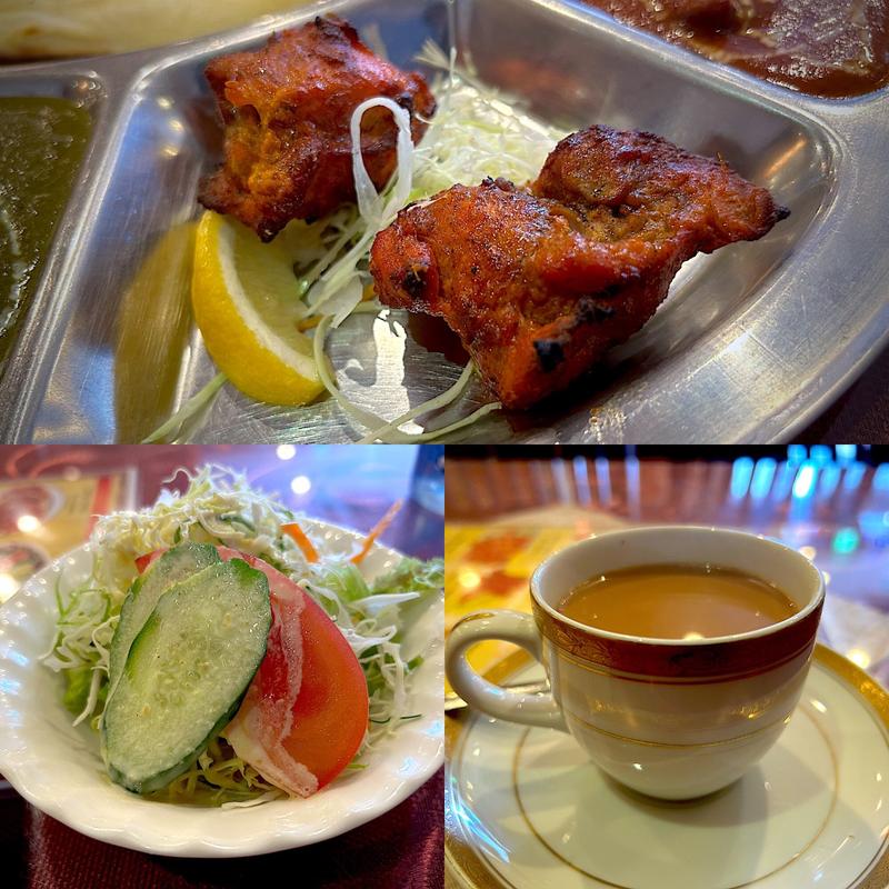 チキンティッカ、サラダ、ホットチャイ(ムガルパレス 3号店)