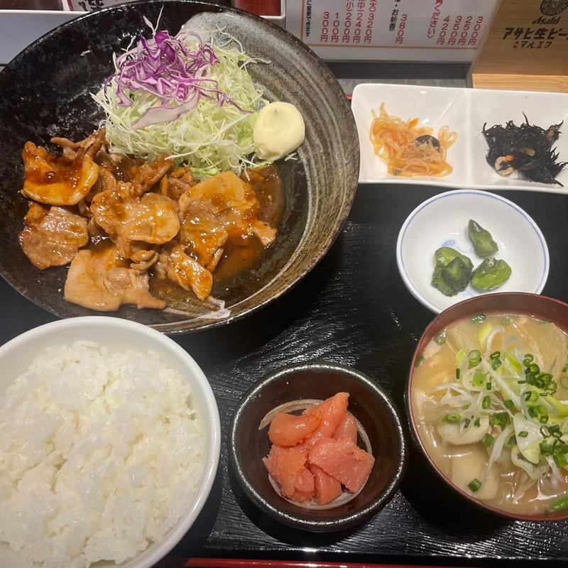 しょうが焼き定食：明太子＋豚汁(酒と飯　たまる食堂)