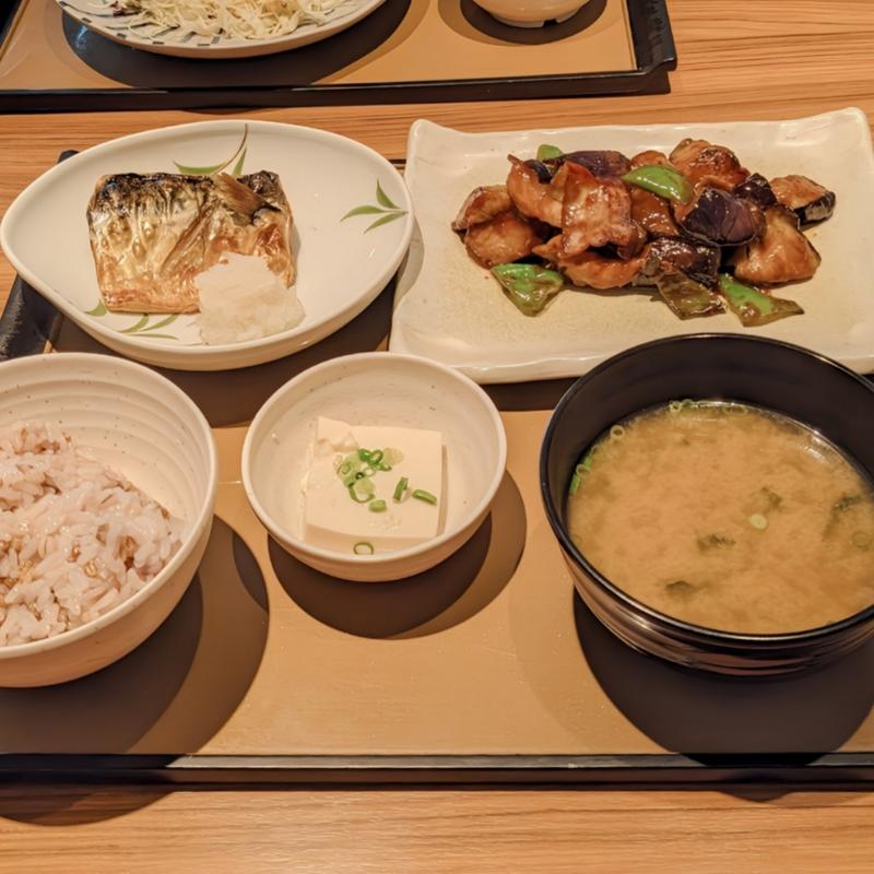 なす味噌と焼魚の定食(やよい軒 高槻店)