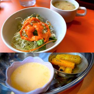 サラダ、スープ、マンゴープリン、アチャール(インド・ネパール料理 Chulo -チュロ-)