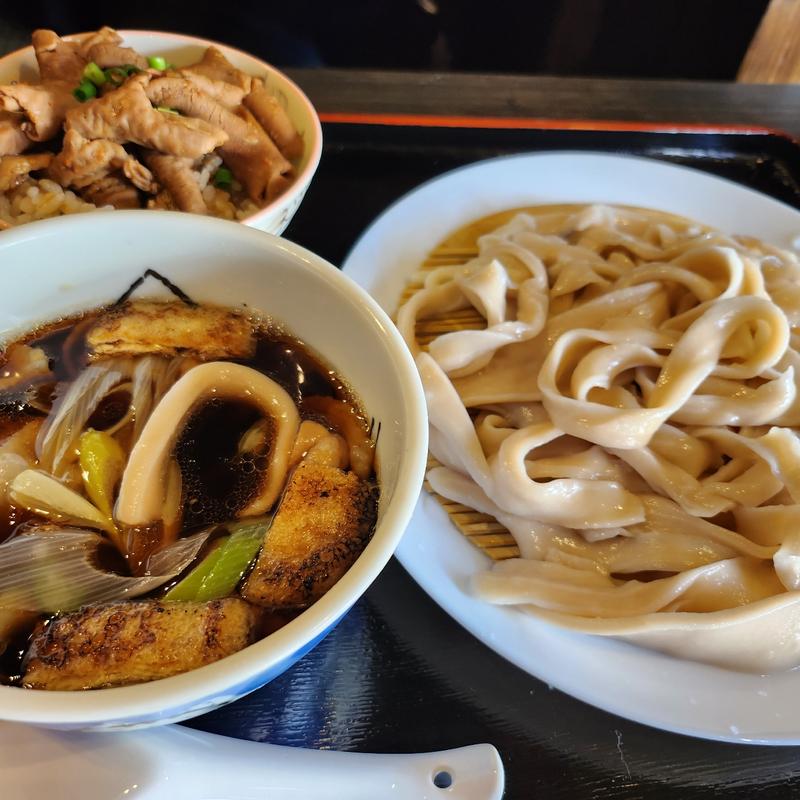 肉汁うどん(並)田舎うどん+もつ煮丼(自家製うどん うどきち)