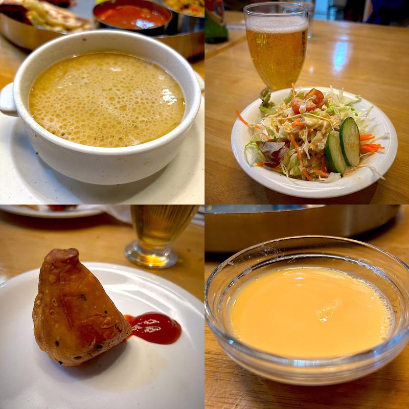 スープ、サラダ、ベジタブルサモサ、マンゴープリン(シンドール （Sindur）)