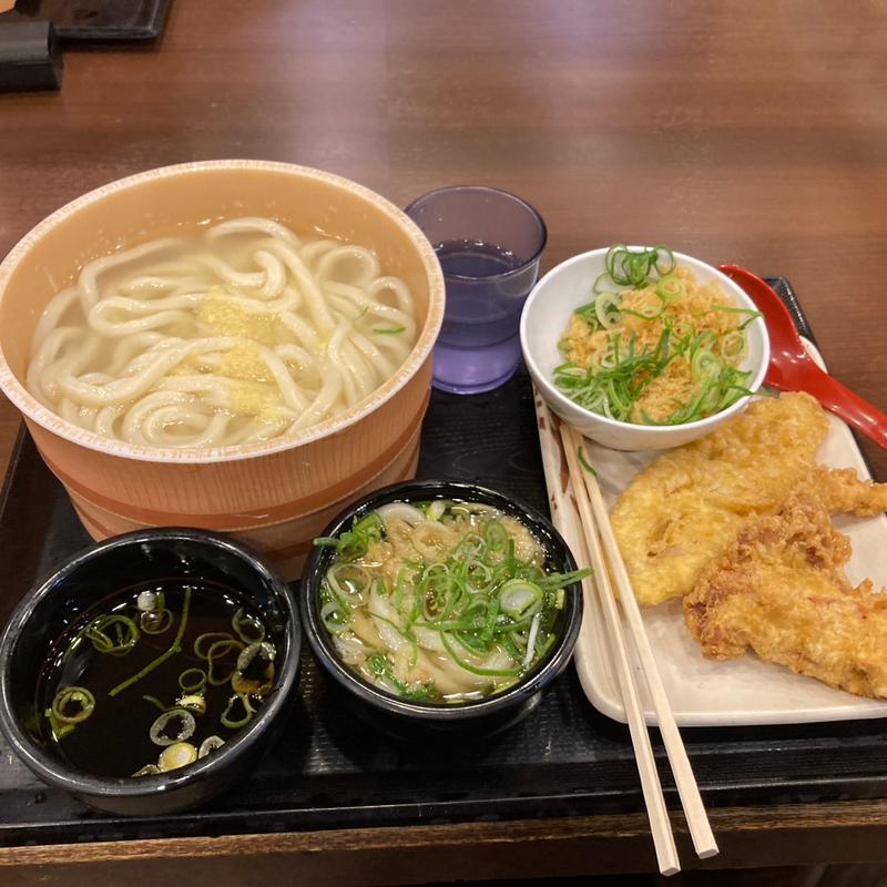 釜揚げうどん+とり天+れんこん天(丸亀製麺御茶ノ水)