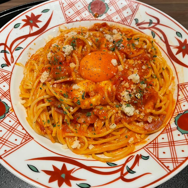 モッツァレラチーズとエビのカルボナーラチリトマト(洋麺屋五右衛門 イオンモール幕張新都心店)