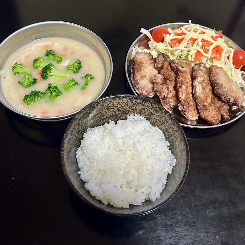 チキン竜田揚げ+クラムチャウダー+ライス(ベルクス 東墨田店)