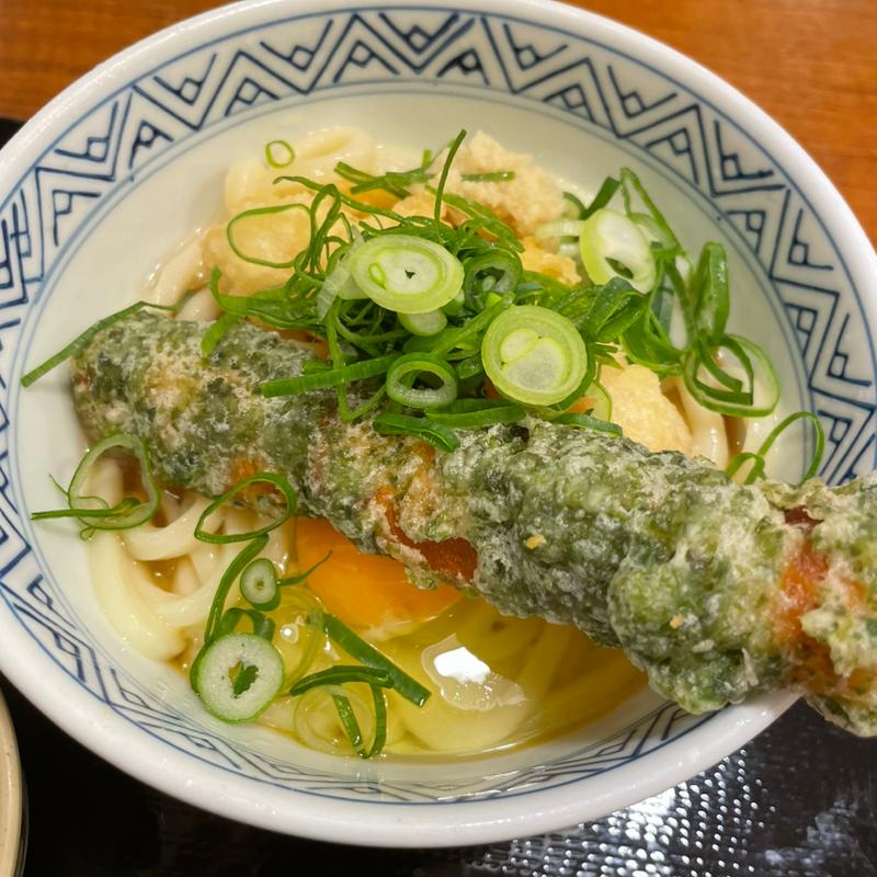釜玉うどん(中) 磯辺揚げ、海老天(すなだ どんどん 箱崎T-CAT店)