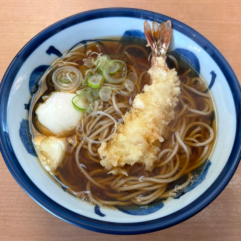 海老天そば+温泉玉子(そば処 かめや 御徒町店 )