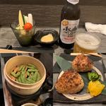 野菜スティック、枝豆、焼きおにぎり