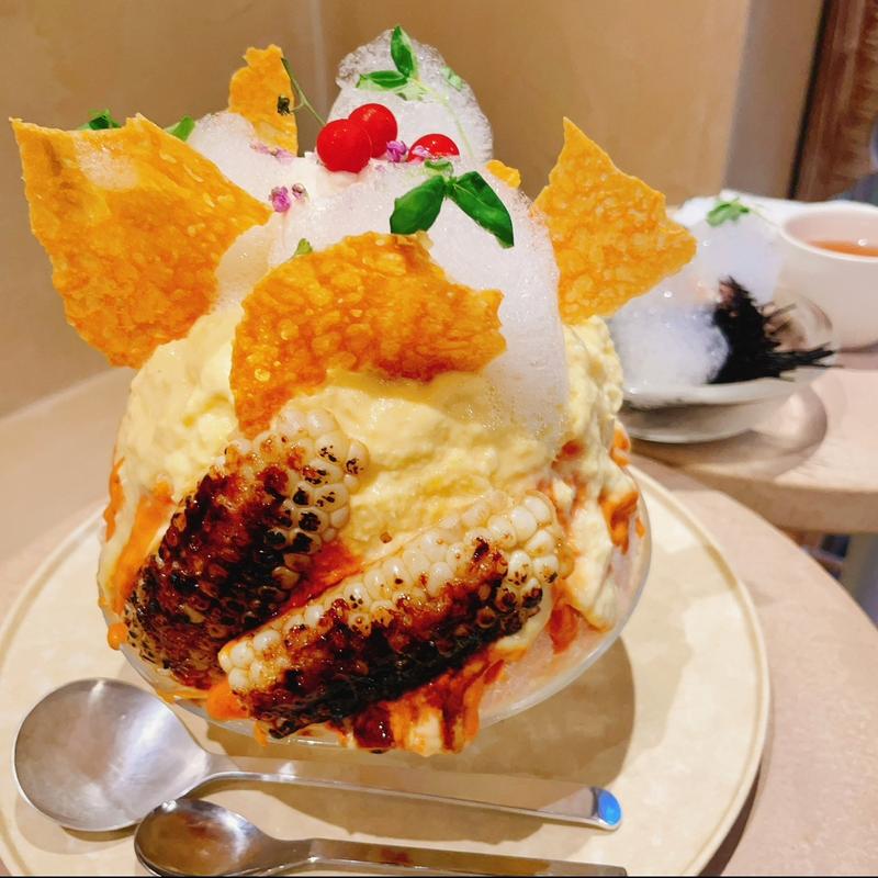 とうもろこし、トマト、民宿ふらっとのいしり、生雲丹のカキ氷(上原食堂（かき氷専門店）)