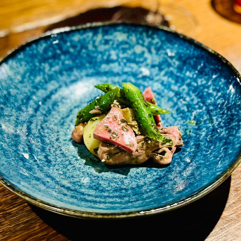 定番の鴨すきコース　ハツと季節野菜のジェノヴァ風(Na Camo guro (なかもぐろ))