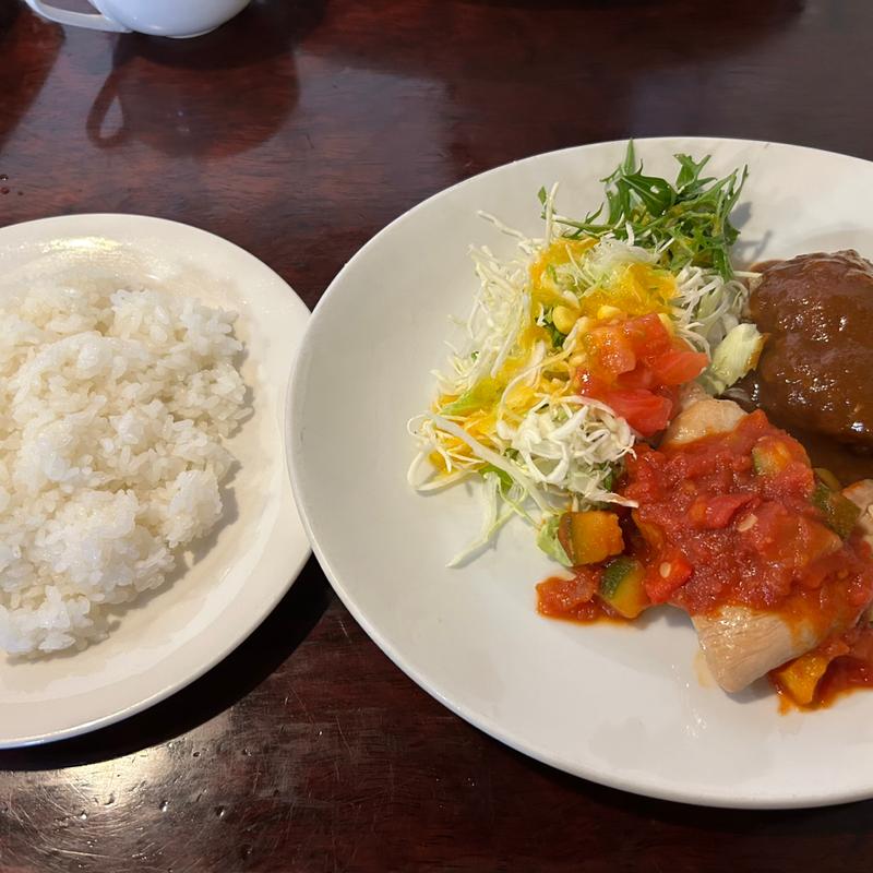 彩り野菜入ったチキントマトソース&ハンバーグ(銀座 )