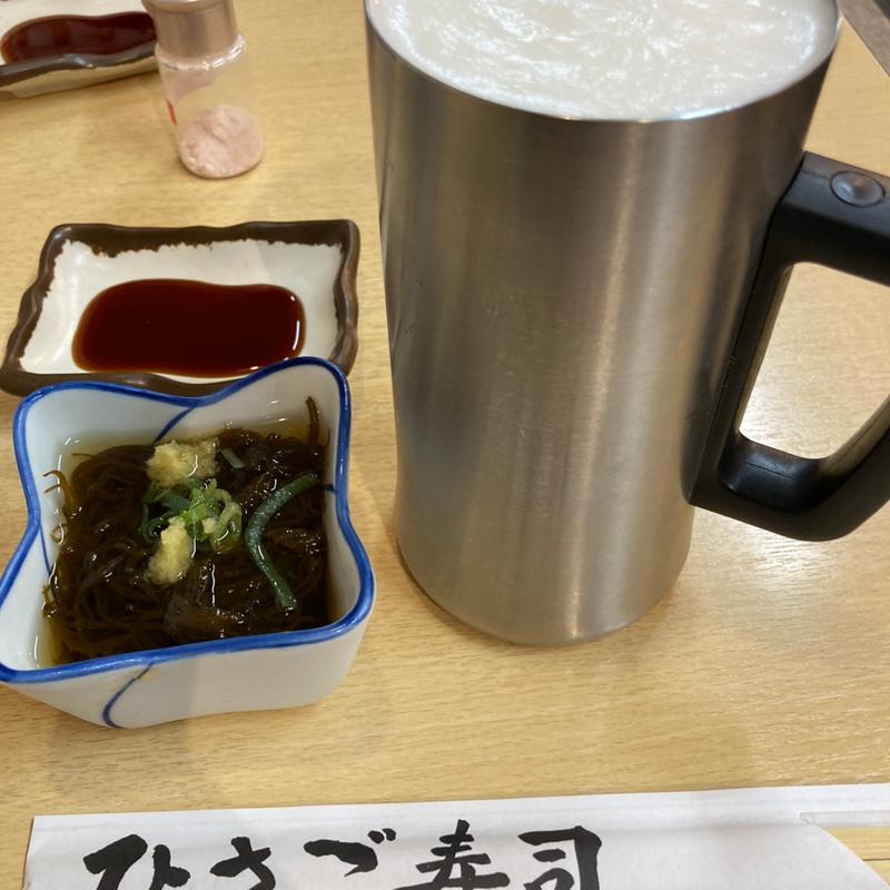 生ビールとお通しもずく(第二ひさご寿司)