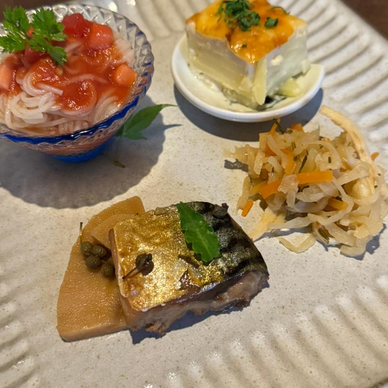 トマトそうめん サバの山椒煮 するめの切り干し大根 豆乳グラタン(楓屋)