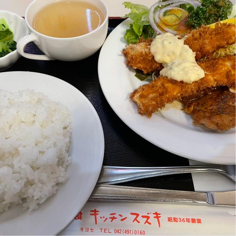 ガーリックチキン、エビフライ、イカフライ定食(キッチンスズキ)