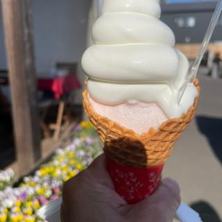いちご杏仁ジェラート+ソフトクリーム