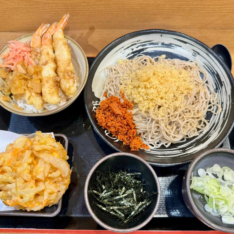 ミニ三海老天丼セット＋きざみ海苔＋サービス券かき揚げ(ゆで太郎 もつ次郎 加須北小浜店)