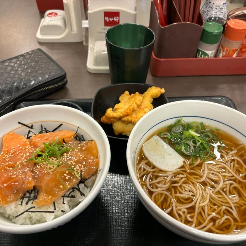 サーモン丼ととり天蕎麦(なか卯 鳥取安長店 )