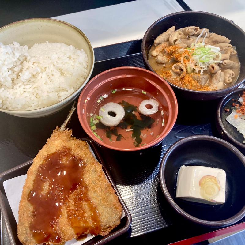 もつ煮セット定食（アジフライ）(ゆで太郎 東陽５丁目店)