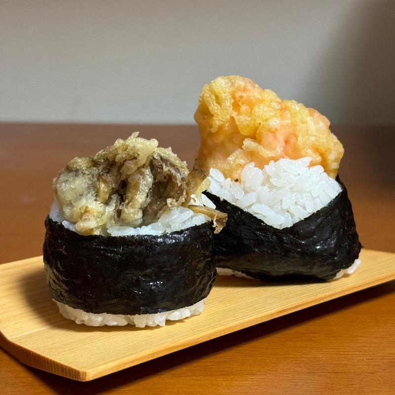 舞茸、サーモンタルタル(天むす屋鬼天3)